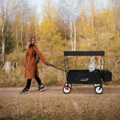 Bollerwagen faltbar mit Dach und Tasche Schwarz belastbar bis 80 kg Hauki