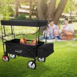 Bollerwagen faltbar mit Dach und Tasche Schwarz belastbar bis 80 kg Hauki