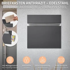 Briefkasten mit Zeitungsfach 37x36,5x11 cm Anthrazit aus Stahl