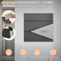 Briefkasten mit Zeitungsfach 37x37x11 cm Anthrazit/Silber aus Edelstahl ML-Design