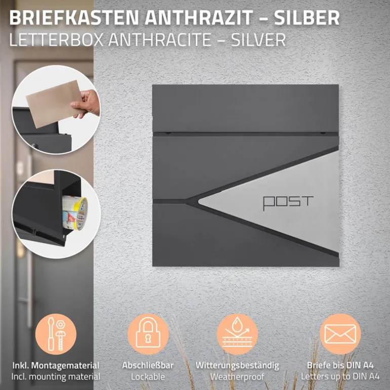 Briefkasten mit Zeitungsfach 37x37x11 cm Anthrazit/Silber aus Edelstahl ML-Design