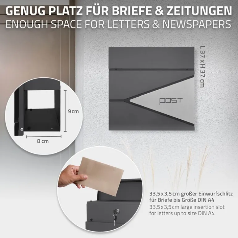 Briefkasten mit Zeitungsfach 37x37x11 cm Anthrazit/Silber aus Edelstahl ML-Design