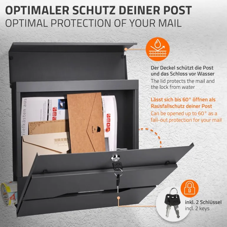 Briefkasten mit Zeitungsfach 37x11x36,5 cm Anthrazit aus Edelstahl