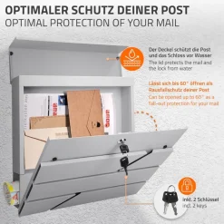 Briefkasten mit Zeitungsfach 37x11x37 cm Hellgrau aus Edelstahl