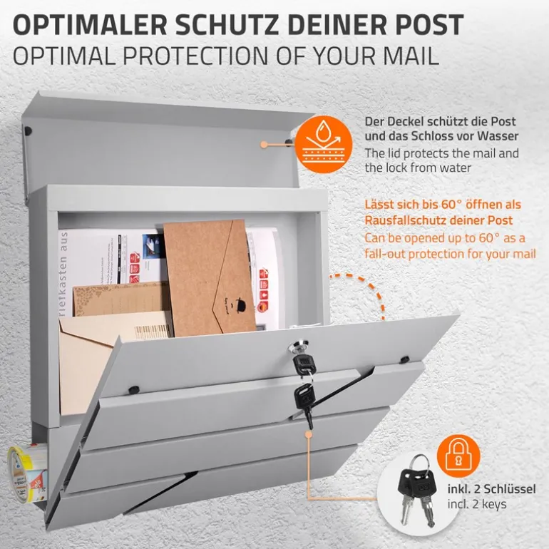 Briefkasten mit Zeitungsfach 37x11x37 cm Hellgrau aus Edelstahl
