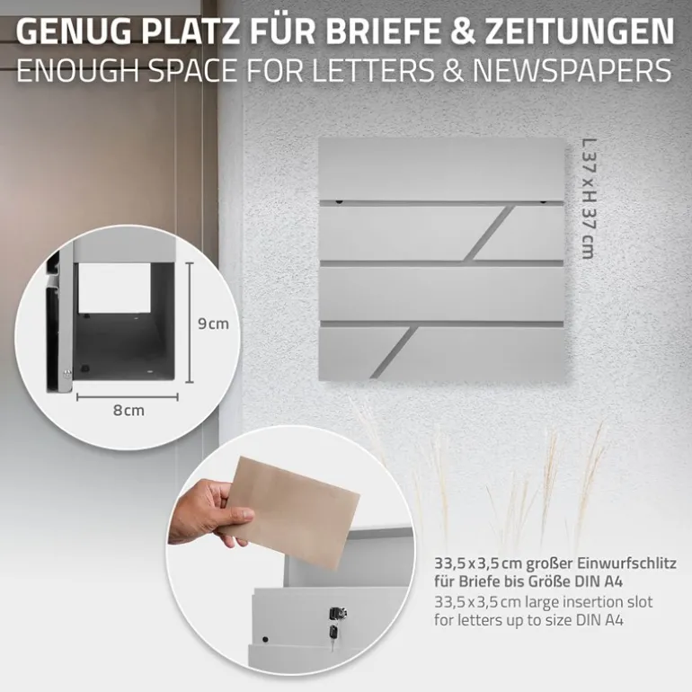 Briefkasten mit Zeitungsfach 37x11x37 cm Hellgrau aus Edelstahl