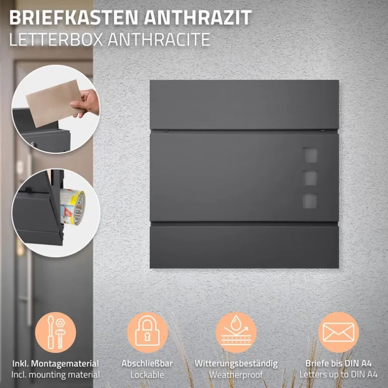 Briefkasten mit Zeitungsfach 37x36,5x10,5 cm Anthrazit aus Stahl