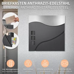 Briefkasten mit Zeitungsfach 37x36,5x10,5 cm Anthrazit/Silber aus Edelstahl