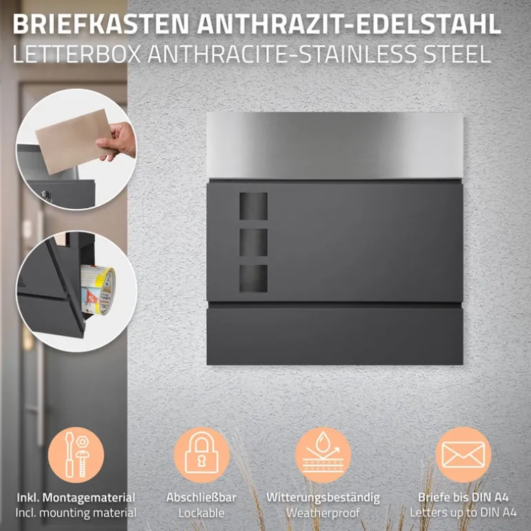 Briefkasten mit Zeitungsfach 37x36,5x10,5 cm Anthrazit/Silber aus Stahl