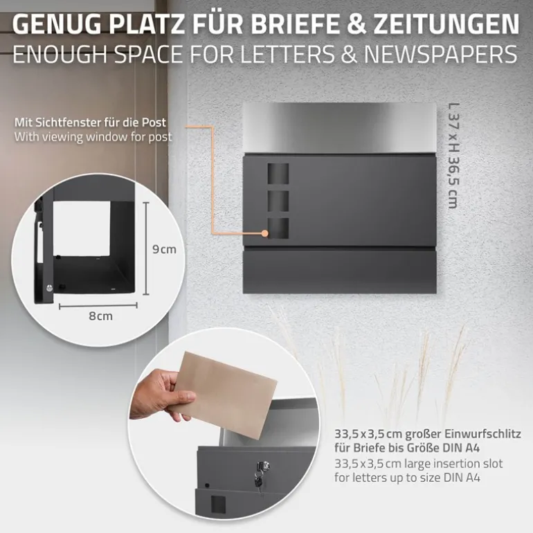 Briefkasten mit Zeitungsfach 37x36,5x10,5 cm Anthrazit/Silber aus Stahl