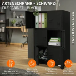 Büroschrank mit drei Ebenen Magnetverschluss 75x40x120 cm Schwarz aus Stahl ML-Design