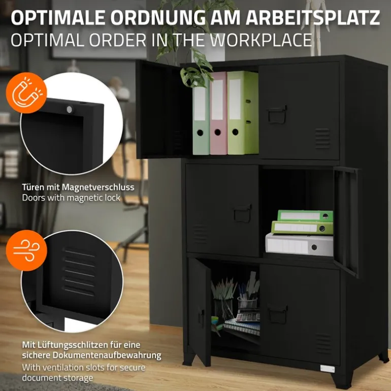 Büroschrank mit drei Ebenen Magnetverschluss 75x40x120 cm Schwarz aus Stahl ML-Design