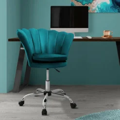 Bürostuhl mit Rollen und Rückenlehne Muscheldesign 68x68 cm Petrol aus Samt Schminktisch Stuhl ML-Design