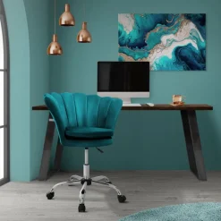 Bürostuhl mit Rollen und Rückenlehne Muscheldesign 68x68 cm Petrol aus Samt Schminktisch Stuhl ML-Design