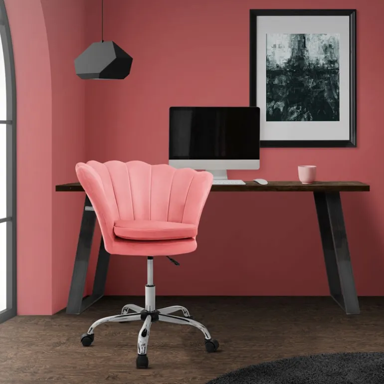 Bürostuhl mit Rollen und Rückenlehne Muscheldesign 68x68 cm Rosa aus Samt Schminktisch Stuhl ML-Design
