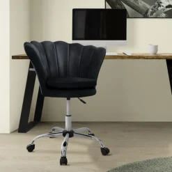 Bürostuhl mit Rollen und Rückenlehne Muscheldesign 68x68 cm Schwarz aus Samt Schminktisch Stuhl ML-Design