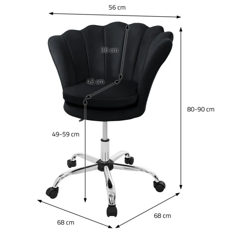 Bürostuhl mit Rollen und Rückenlehne Muscheldesign 68x68 cm Schwarz aus Samt Schminktisch Stuhl ML-Design