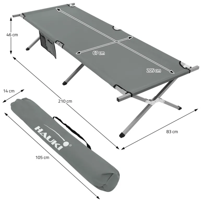 Campingbett Feldbett klappbar 210x83x46 cm Grau mit Tragetasche bis 150 kg HAUKI