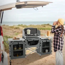 Camping Küche faltbar mit Tragetasche Grau aus Aluminium inkl. Arbeitsplatte Hauki