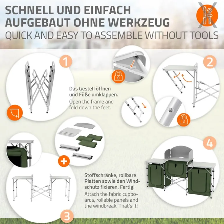 Camping Küche faltbar mit Tragetasche Khaki aus Aluminium inkl. Arbeitsplatte Hauki