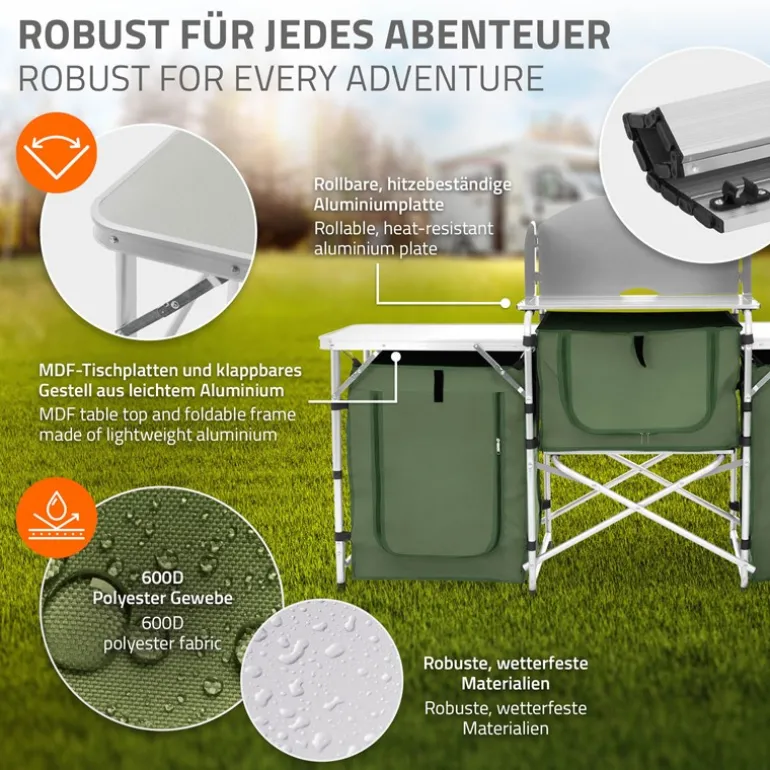 Camping Küche faltbar mit Tragetasche Khaki aus Aluminium inkl. Arbeitsplatte Hauki