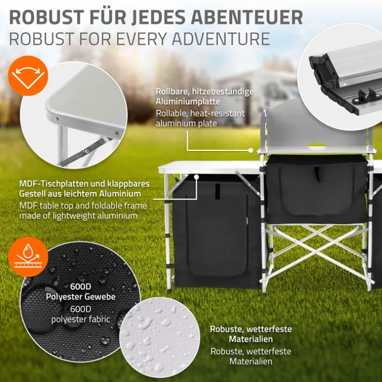 Camping Küche faltbar mit Tragetasche Schwarz aus Aluminium inkl. Arbeitsplatte Hauki