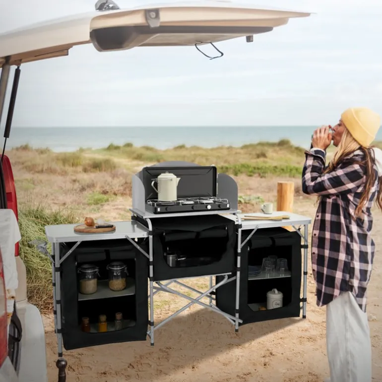 Camping Küche faltbar mit Tragetasche Schwarz aus Aluminium inkl. Arbeitsplatte Hauki