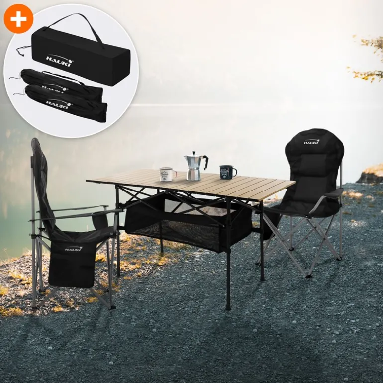 Camping Set 3-teilig mit Klapptisch Beige und 2 Campingstühlen Schwarz HAUKI