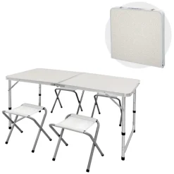 Campingtisch Set mit 4 Hocker 120 cm weiß aus Aluminium und MDF