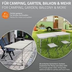 Campingtisch Set mit 4 Hocker 120 cm weiß aus Aluminium und MDF
