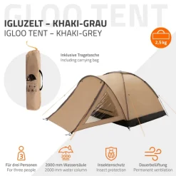 Campingzelt für 2-3 Personen 210x180x120 cm Beige-Grau Kuppelzelt Iglu-Zelt mit verschließbarem Vorraum