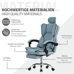 Chefsessel Bürostuhl höhenverstellbar Blau mit höhenverstellbarer Rückenlehne und Fuß-& Kopfstütze bis 120 kg ML-Design
