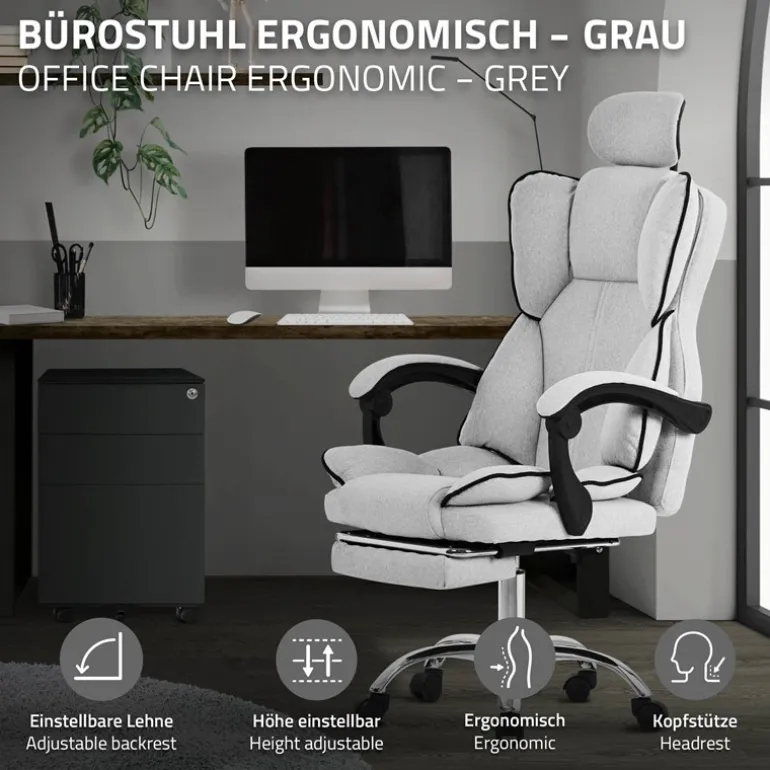 Chefsessel Bürostuhl höhenverstellbar Hellgrau mit höhenverstellbarer Rückenlehne und Fuß-& Kopfstütze bis 120 kg ML-Design