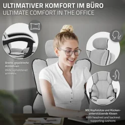 Chefsessel Bürostuhl höhenverstellbar Hellgrau mit höhenverstellbarer Rückenlehne und Fuß-& Kopfstütze bis 120 kg ML-Design