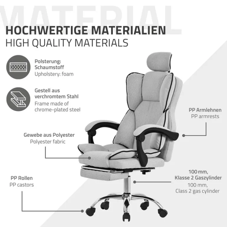Chefsessel Bürostuhl höhenverstellbar Hellgrau mit höhenverstellbarer Rückenlehne und Fuß-& Kopfstütze bis 120 kg ML-Design