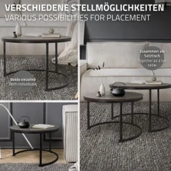 Couchtisch 2er Set Rund Eiche-dunkel/Schwarz aus MDF und Metall ML-Design