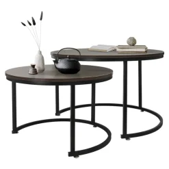 Couchtisch 2er Set Rund Eiche-dunkel/Schwarz aus MDF und Metall ML-Design
