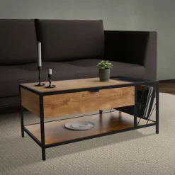 Couchtisch 110x54 cm mit Zeitschriftenfach Eiche Optik Braun Schwarz Wohnzimmertisch ML-Design
