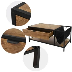 Couchtisch 110x54 cm mit Zeitschriftenfach Eiche Optik Braun Schwarz Wohnzimmertisch ML-Design