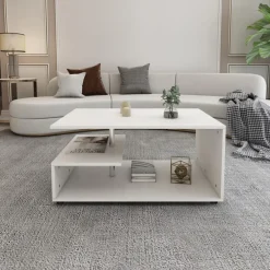 Couchtisch 91x52,6x41 cm Weiß mit Metall Dekostange und Ablageflächen auf 3 Etagen ML-Design