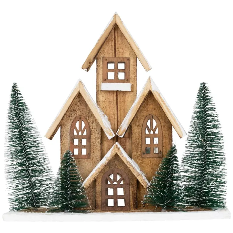 Deko Weihnachtshaus 30cm schneebedeckt mit warmweißen LED-Beleuchtung batteriebetrieben inkl. Timer aus Holz