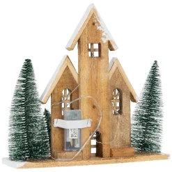 Deko Weihnachtshaus 30cm schneebedeckt mit warmweißen LED-Beleuchtung batteriebetrieben inkl. Timer aus Holz