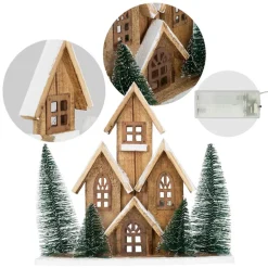 Deko Weihnachtshaus 30cm schneebedeckt mit warmweißen LED-Beleuchtung batteriebetrieben inkl. Timer aus Holz