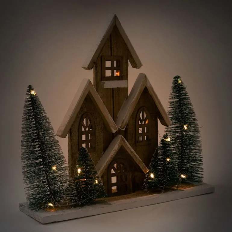 Deko Weihnachtshaus 30cm schneebedeckt mit warmweißen LED-Beleuchtung batteriebetrieben inkl. Timer aus Holz