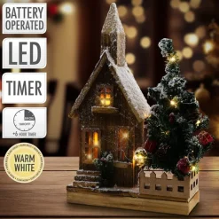 Deko Weihnachtshaus schneebedeckt mit LED Beleuchtung 44 x 27 cm aus Holz
