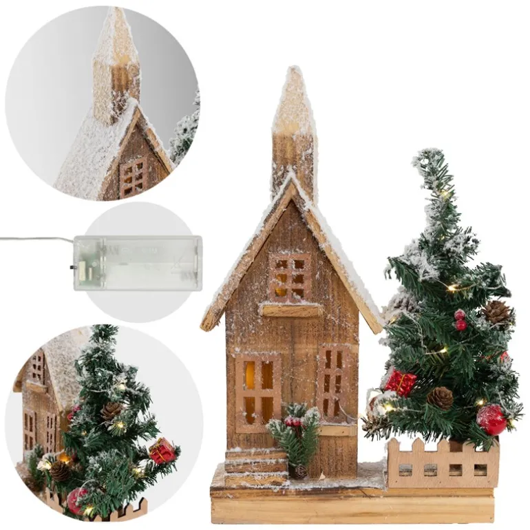 Deko Weihnachtshaus schneebedeckt mit LED Beleuchtung 44 x 27 cm aus Holz