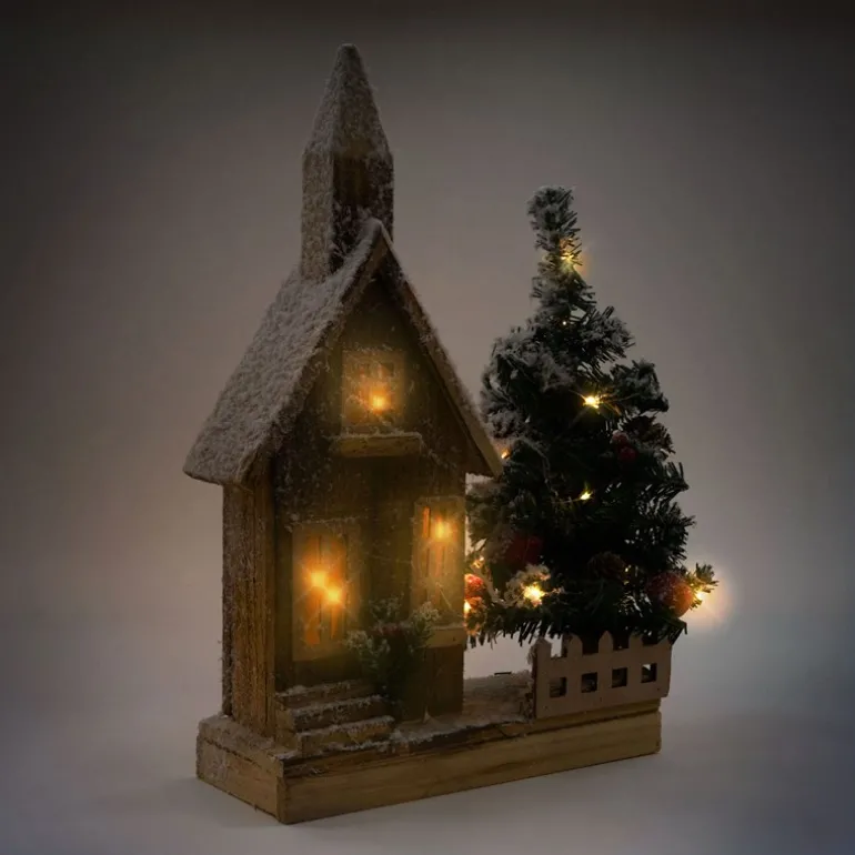 Deko Weihnachtshaus schneebedeckt mit LED Beleuchtung 44 x 27 cm aus Holz