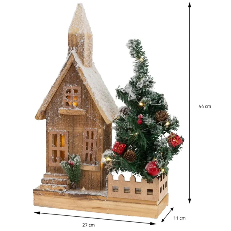 Deko Weihnachtshaus schneebedeckt mit LED Beleuchtung 44 x 27 cm aus Holz