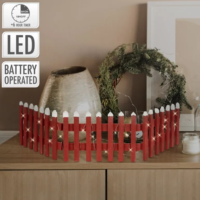 Deko Weihnachtszaun mit LED Rot 90x21 cm aus Holz