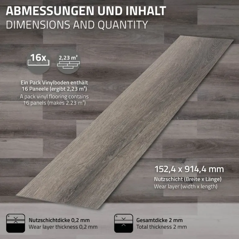 Deluxe PVC Klebevinylboden für 2,23 m² Kiefer Grau 2 mm dick ML-Design